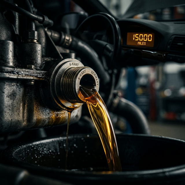Motor oil drain with golden synthetic oil flow — oil change intervals guide